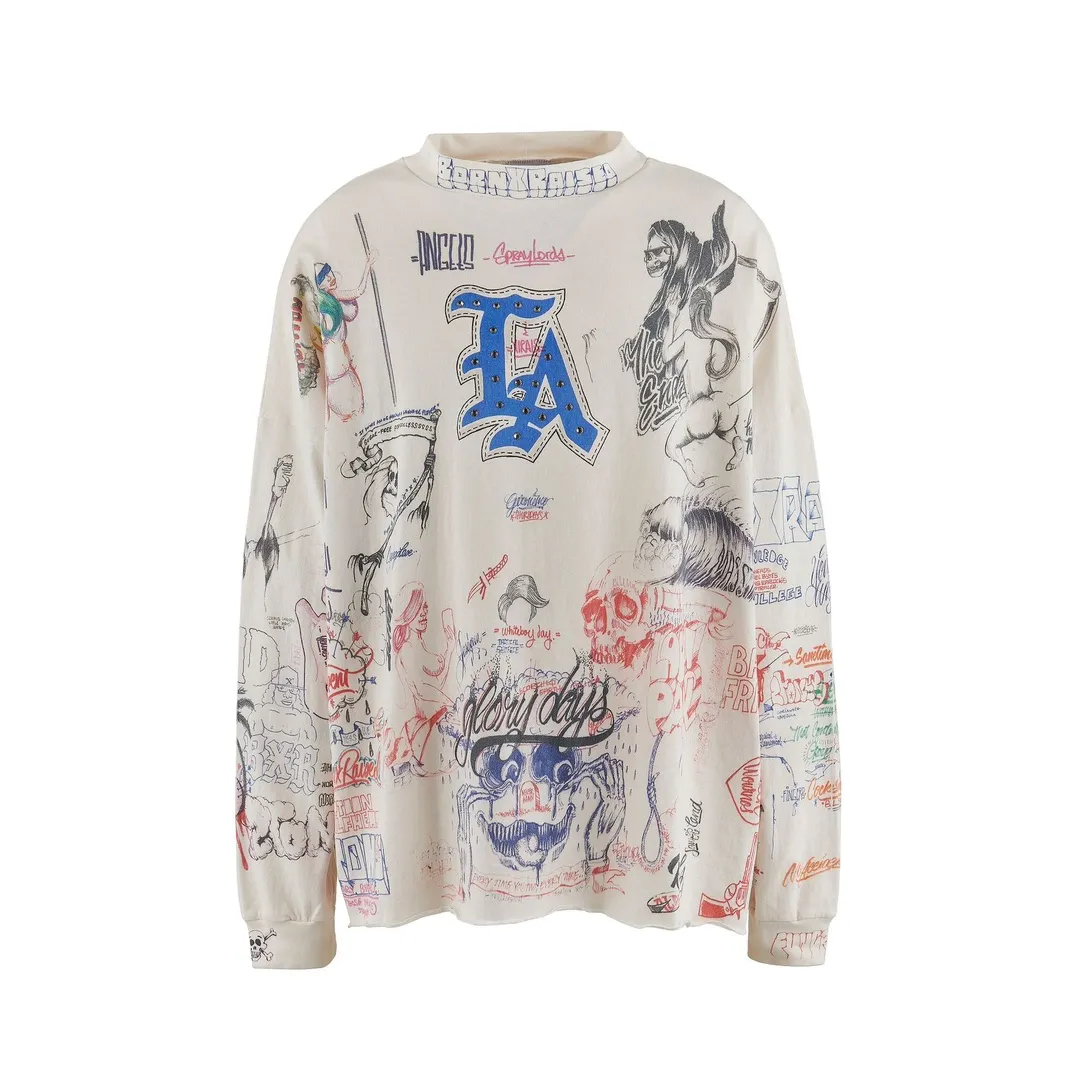 SAINT Mxxxxxx × BORNXRAISED BR_LS TEE/LA/WHT Latest co-branded model LA diamond all-over long sleeves off-white S-XL Super heavy work started in February and lasted three months Super complex 36 sets of screens Outlined pictures make you doubt your life Super perfect reproduction of printing Genuine Czech diamonds Pressure-free reproduction